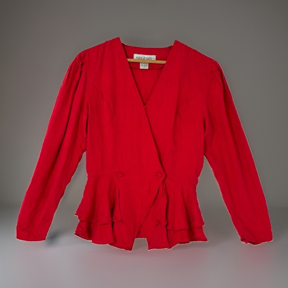 VTG Argenti Petites 100% Silk Red Jacquard Wrap Peplum Blouse Puff Sleeve 8 0706